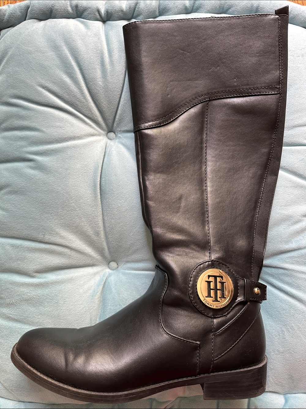 Tommy Hilfiger Black Leather Knee-High Riding Boots with Gold Logo